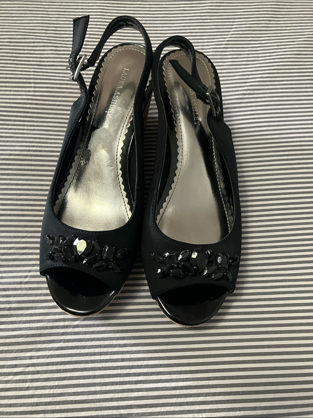 Laura Ashely wedge black sandals with jewels